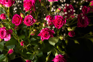 Wonderful bouquet of bush roses and gypsophila on a dark background. Selective focus. Shallow depth of field
