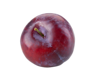 Smooth-skinned, mellow, purple plum fruit isolated on white background with copy space for text or images. Side view. Close-up shot.