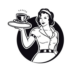 Retro Waitress Serving Coffee Clipart Illustration. Diner Waitress