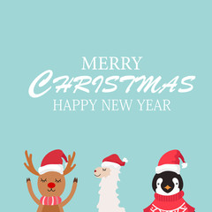 Fototapeta na wymiar Merry Christmas and happy new year with cute reindeer,llamaand penguin cartoon character vector.