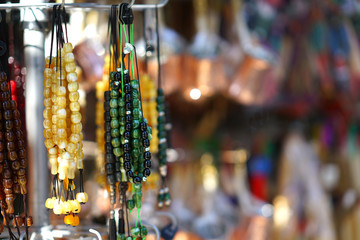 Traditional Greek komboloi for sale in the streets of Ioannina