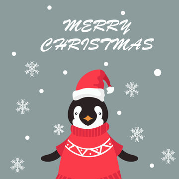 Merry Christmas  greeting card with cute penguin cartoon character