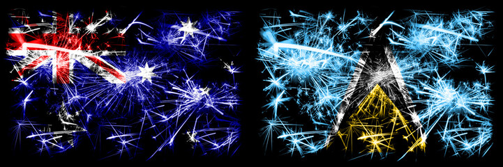 Australia, Ozzie vs Saint Lucia New Year celebration sparkling fireworks flags concept background. Combination of two abstract states flags.