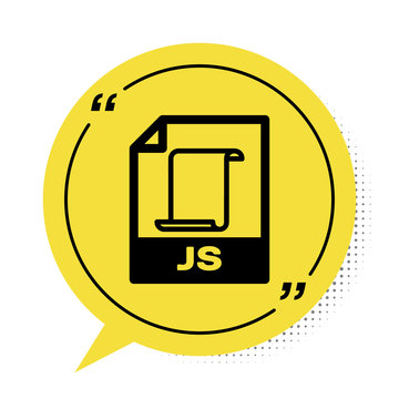 Black JS file document. Download js button icon isolated on white background. JS file symbol. Yellow speech bubble symbol. Vector Illustration