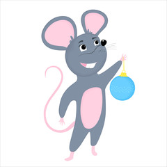 ray cartoon mouse holds a Christmas ball. Rat is a symbol of Chinese New Year 2020.