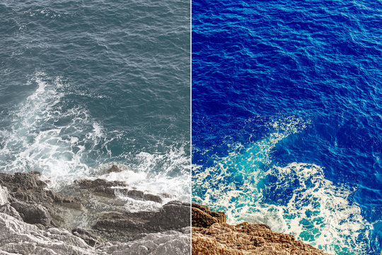 Photo before and after the image editing process. Sea rocks