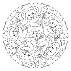 Coloring page mandala for kids with koala, flower, bird, heart, clouds. Vector Illustration.