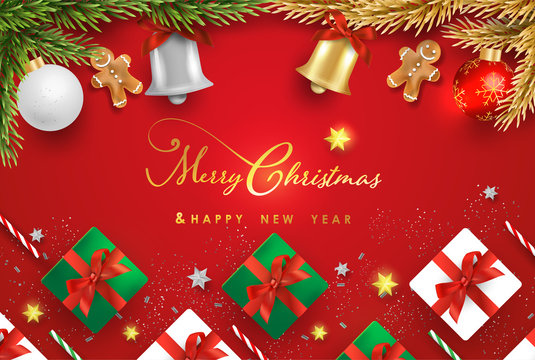 Merry Christmas and Happy New Year.Happy New Year design with realistic festive objects, Bells, garland, green and white gift boxes, ball bauble.