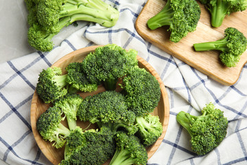 Fresh green broccoli on table, flat lay