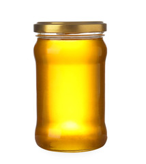 Jar with organic honey isolated on white