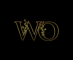 Golden letter W, O and WO Vintage Gold Floral Logo Icon