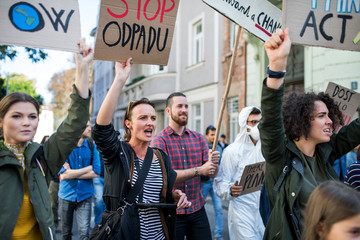 People with placards and posters on global strike for climate change.