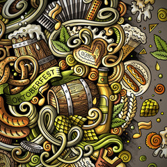 Cartoon doodles Beer fest illustration. Oktoberfest funny picture