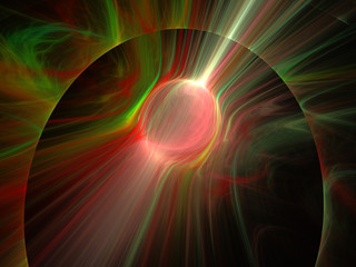 3d Illustration - brilliant glowing spherical ball of light, plasma aura, visible energy concept, powerful radiation, black background, red and green warped lines, abstract digital artwork.