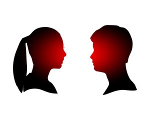 Man and woman silhouettes looking at each other. Happy valentines day and wedding design elements. Side view.
