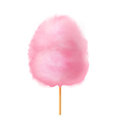 Cotton candy. Realistic pink cotton candy on wooden stick. Summer tasty and sweet snack for children in parks and food festivals. 3d vector realistic illustration isolated on white background