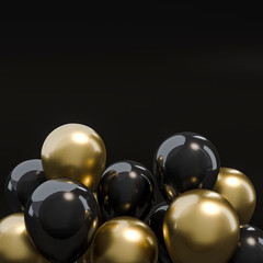 Realistic black and gold balloon on black background 3d rendering. 3d illustration minimal style, celebration christmas and new year sale concept.
