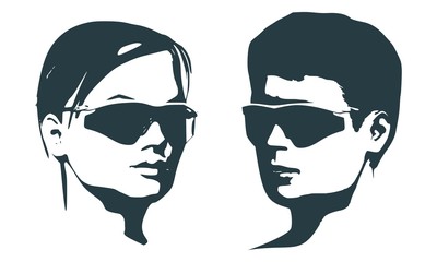 Man and woman silhouettes in black sunglasses. Happy valentines day and wedding design elements. Half turn view.