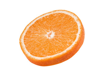 Round slice of a ripe orange isolated on white background with copy space for text or images. Fruit with juicy flesh. Side view. Close-up shot.