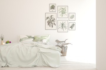 Stylish bedroom in white color. Scandinavian interior design. Hight resolution architecture background. 3D illustration