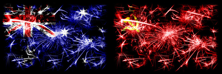 Australia, Ozzie vs USSR, Communist New Year celebration sparkling fireworks flags concept background. Combination of two abstract states flags.