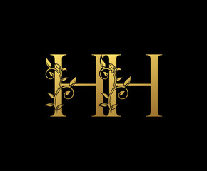 Golden letter H, HH Vintage Gold Floral Logo Icon