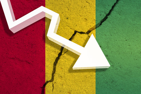 Guinea Flag on the cracked wall with arrow falling down. Concept of decrease in the country. 3D Illustration