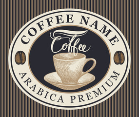 Vector coffee label or sticker with hand-drawn cup and coffee beans in oval frame in retro style on the striped background.