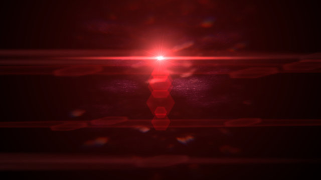 Exotic Red Lens Flare Effect Overlay Texture With Anamorphic Light Streak And Hexagon Bokeh Effects On Black Background