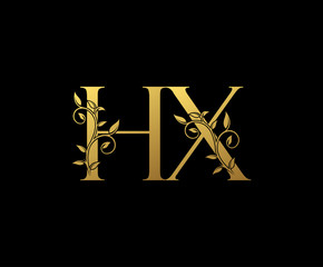 Golden letter H, X and HX Vintage Gold Floral Logo Icon