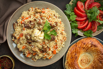Uzbekistan  national dish - plov, made from: uzbek Devzira rice, lamb, onion, carrot, spiced with...