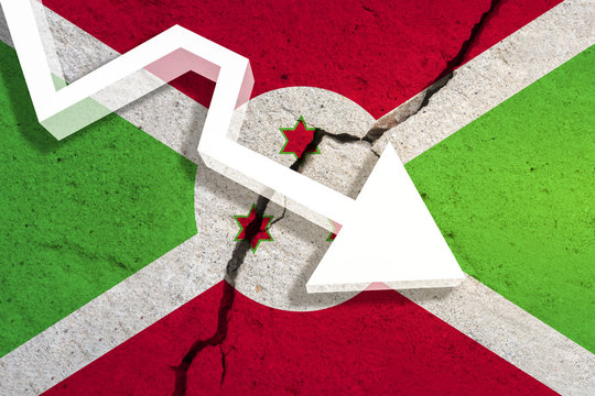 Burundi Flag on the cracked wall with arrow falling down. Concept of decrease in the country. 3D Illustration