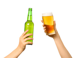 Hands with beer on white background