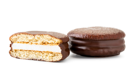 Cookies in chocolate and half, choco pie on a white background. Isolated