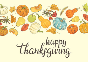 : Happy Thanksgiving Greeting Card with Pumpkins, Apples, Pears and Autumn Foliage