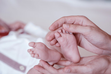 Newborn Baby's feet on female hands closeup.