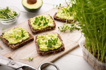 Whole grain toasts with avocado spread and microgreen sprouts