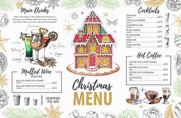 Christmas menu design with sweet gingerbread house, coffee and christmas cocktails