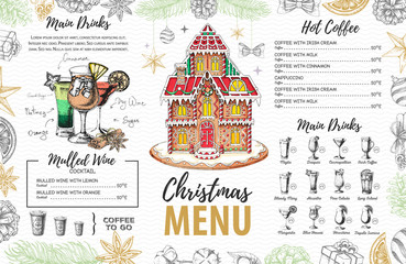 Christmas menu design with sweet gingerbread house, cupcakes and cocktails