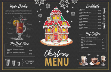 Christmas menu design with sweet gingerbread house, coffee and christmas cocktails