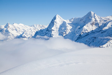 amazing snow covered peaks in the Swiss alps Jungfrau region from Schilthorn