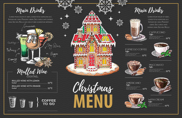 Christmas menu design with sweet gingerbread house, coffee and christmas cocktails