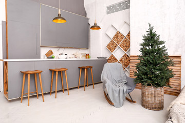 Interior of modern studio apartment with Christmas tree