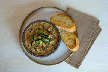 Food photography of a creamy mixed mushroom soup with herbs and toasted bread on a white surface
