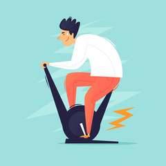 Exercise bike, man pedals, cycling. Flat design vector illustration.