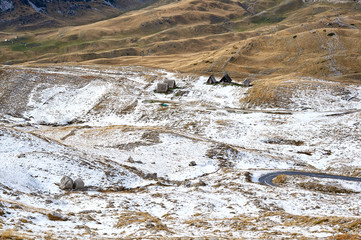 Montenegro snow landscape, Durmitor. Layers of mountains and clouds. Montenegro national park Durmitor. Cloudy landscape. Nature autumn view