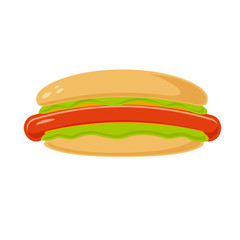 Hot dog vector stock illustration in flat style. Tasty bun with sausage, ketchup, mustard and lettuce. Isolated on white background for fast food banner or menu.