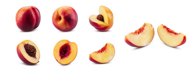 Fototapeta na wymiar Set of smooth-skinned nectarines with kernels and without them isolated on white background with copy space for text or images. Side view. Close-up.