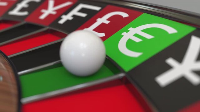 Ball in Euro sign pocket on casino roulette wheel. Conceptual 3D animation