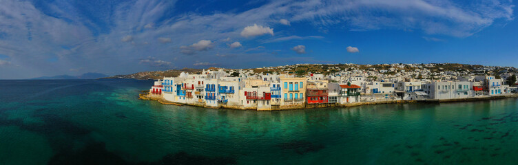 Fototapeta na wymiar Aerial drone panoramic photo of picturesque little Venice in main village of Mykonos island with beautiful colours, Cyclades, Greece